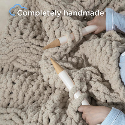 CLOUDS HUG Chunky Knit Blanket Throw - 100% Hand Knitted Thick and Warm Throw for Winter, Linen, 50x60 Inches, Crochet