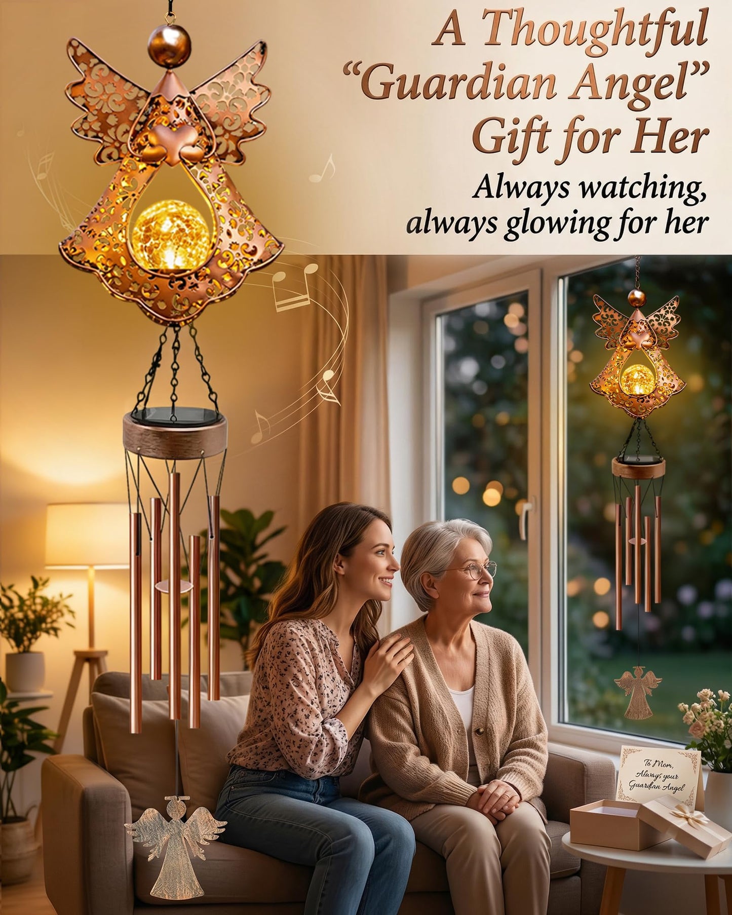 Supdeco Solar Angel Wind Chimes for Outside: Melodious Mother's Day Birthday Gifts for Mom Women Grandma Her Wife - Weatherproof Metal Outdoor Decor Easy Hanging for Garden Patio Tree Window Memorial