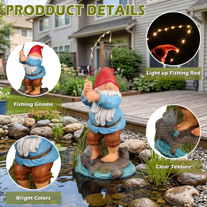 EXYGLO Solar Gnome Garden Statue Decor, 8.5" Fishing Gnome Outdoor Funny Decoration for Lawn, Patio, Yard, and Unique Housewarming, Birthday Ornament Gift for Mother, Friend, Family