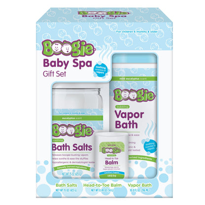 Boogie Spa Kit, Includes Boogie Kids Bath Salts, Eucalyptus, 15 oz (Pack of 1) Vapor Bath 10 Fl oz (Pack of 1) Chest Rub Stick 0.49 oz (Pack of 1)
