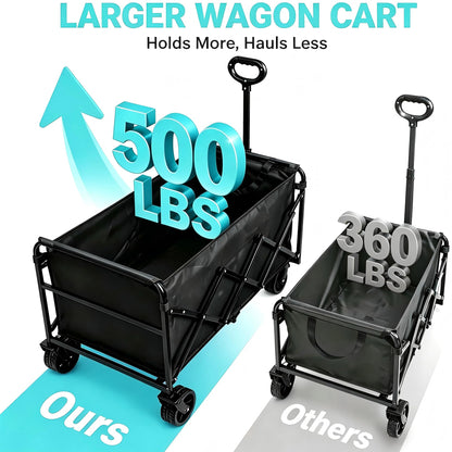 Wagons Carts Foldable Collapsible Foldable Extended Wagon with Brakes, 500lbs Weight Capacity, Heavy Duty Folding Utility Garden Cart with Big All-Terrain Beach Wheels & Drink Holders
