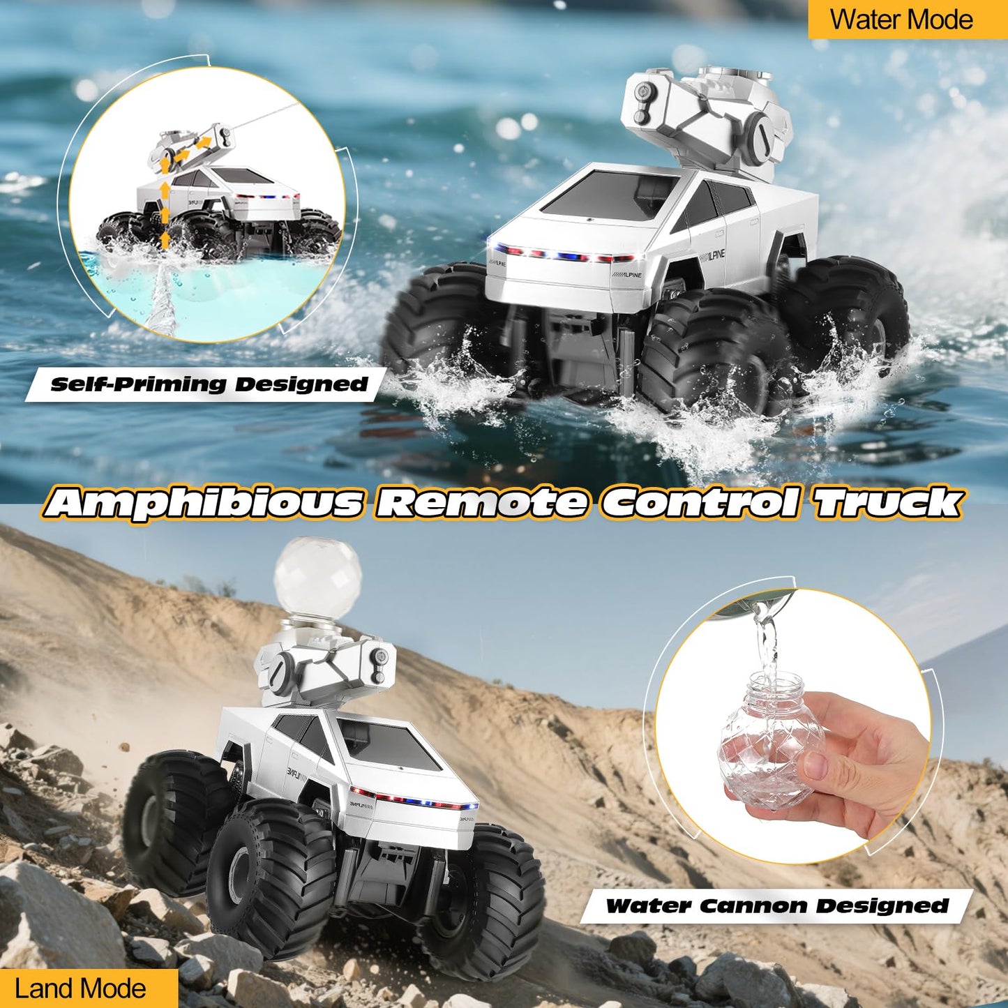 Fippy Amphibious Remote Control Car with Water Squirt, Waterproof Remote Control Truck, 1:16 RC Monster Truck, 4WD All-Terrain Off-Road Pickup RC Trucks Gift for Kids Boys