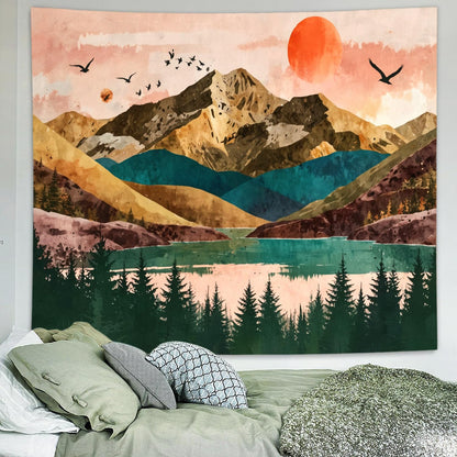 Delur Mountain Tapestry Boho Sunset Nature Forest Tree Tapestry Wall Hanging Sunrise River Lake Landscape Psychedelic Headboard for Bedroom Living Room Home Decor (51.2" x 59.1")