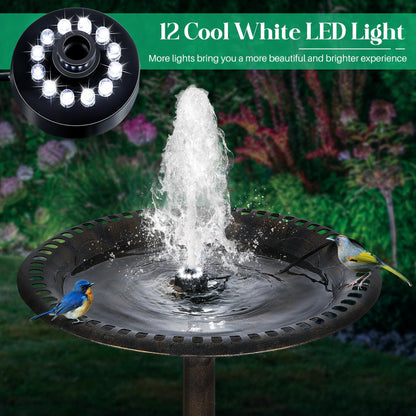 Dunkive Bird Bath Fountains with 12 LED Lights, 24 Hour Working Fountain Pump with Light, Adjustable Watering Submersible Pump for Outdoor Water Garden, Pond(Cool White)