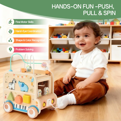 Pithfor Wooden Pull Along Activity Cube Toys, Montessori Toys for 1 2 3 Year Old Baby Toddlers, Baby Activity Cube for 1 Year Old, 1st First Birthday Gift
