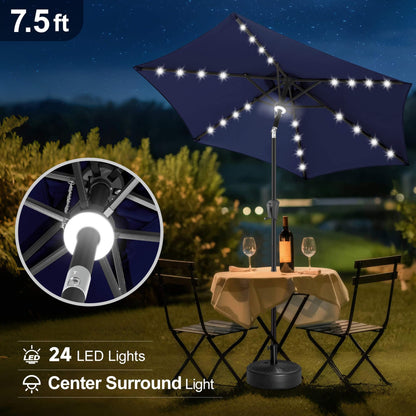 FLAME&SHADE 7.5 FT Solar Light Patio Umbrella, 24 LED Lights Outdoor Umbrella with Centre Surround Light, Table Umbrella Outdoor Patio for Deck, Pool, Backyard, Garden, UV Protection (Navy Blue)