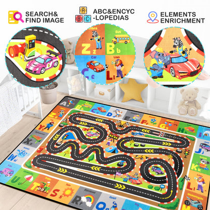 Diysani Race Track Car Rug 4x6FT Road Rug for Kids Toy Cars Non-Slip Play Carpet Baby Play Mat for Floor Washable ABC Alphabet Playroom Nursery Preschool Daycare Classroom Carpet