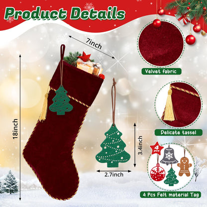 HiPeep 4 Pack Christmas Stockings, Red and White Luxury Velvet Christmas Stocking Set, Xmas Stocking for Fireplace, Tree Decorations