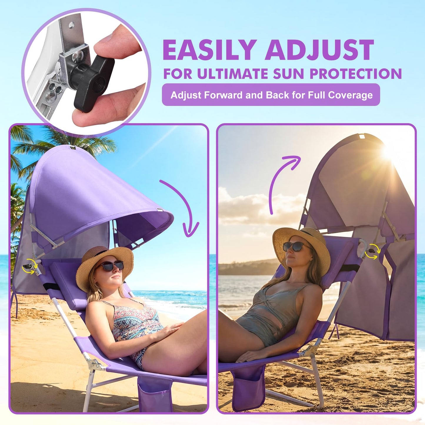 Backpack Beach Tanning Chair with Canopy Sun Shade & Face Hole, 6 Position Folding Lounge Sun Chair for Adults Outside Reading Sunbathing Poolside Camping Lawn, UPF 50+, Patent Design