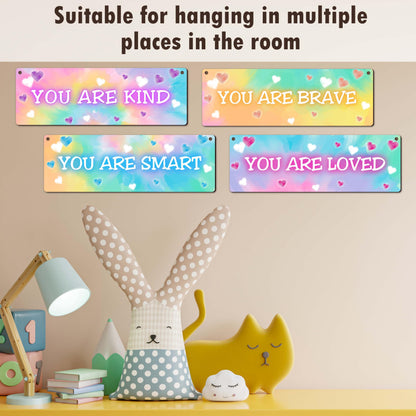 4 Pieces Tie Dye Decor Kids Room Wall Decor Wooden Sign - Motivational Wall Art For Kids Room Nursery Playroom Classroom - You Are Loved Brave Kind Smart(Sign-04)