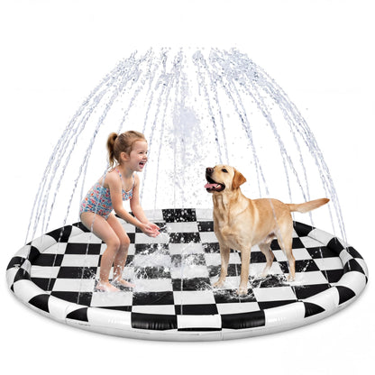 Skylety 60" Black White Checkered Non-Slip Kids Dog Splash Pad Sprinkler Large Splash Pad Sprinkler Fountain Play Mat Summer Outdoor Water Toys for Pet Dog Kids Toddlers Backyard