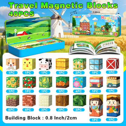 Mini Magnetic Blocks, Magnet Building Cubes, Farm Animal Travel Outdoors Toys with Portable Iron Box, STEM Montessori Sensory Educational Toys for Toddlers, Gift for Kids Ages 3-8 Boys & Girls