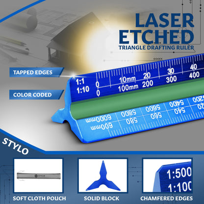 Stylo 12" Aluminum Architect Scale Ruler Laser Etched Triangle Drafting Ruler, Color Coded Grooves for Blueprint, Drafting and Drawing, Architectural Scale Ruler for Blueprints (Blue, Metric Units)