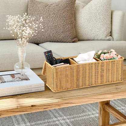 Sumnacon Wicker Storage Basket with Lid, Rectangular Narrow Baskets for Bathroom, Farmhouse Imitation Rattan Bin with Dividers, Decorative Handwoven Tray Organizer for Countertop Shelves Toilet Tank