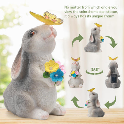 IDEA SHOW Solar Garden Statue Outdoor Decor, Rabbit Figurine with Butterfly LED Lights, Bunny Statue for Garden, Yard Decor, Lawn Ornament, Valentine's Day Birthday Gift for Women Mom Grandma