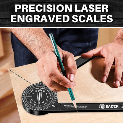 Saker Miter Saw Protractor|7-Inch Aluminum Protractor Angle Finder Featuring Precision Laser-Inside & Outside Miter Angle Finder for Carpenters, Plumbers and All Building Trades (Black)