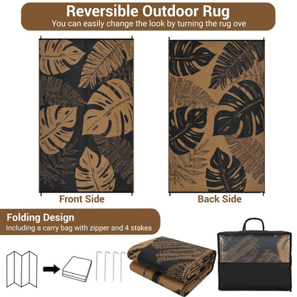 GAOMON Outdoor Rugs 8x10 Waterproof Reversible Plastic Straw Rug Modern Patio Rug, Foldable Lightweight RV Camping Mat with Portable Bag & 4 Stakes, UV Resistant & Sturdy for Picnic, Brown