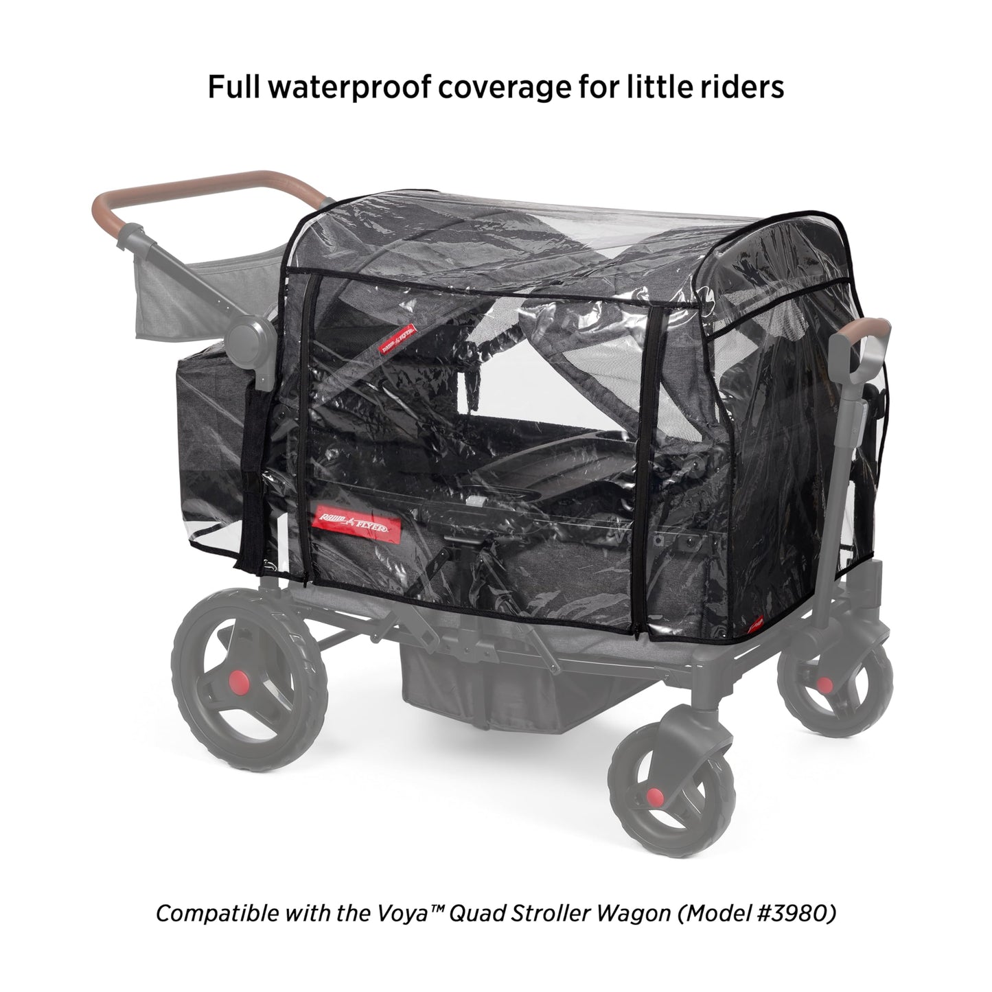Radio Flyer Voya Quad Stroller Wagon Rain Cover with Storage Bag, Black, Waterproof Stroller Cover for 4-Seater Wagon, Fast-Drying Design, Zippered Side Panel for Easy Access