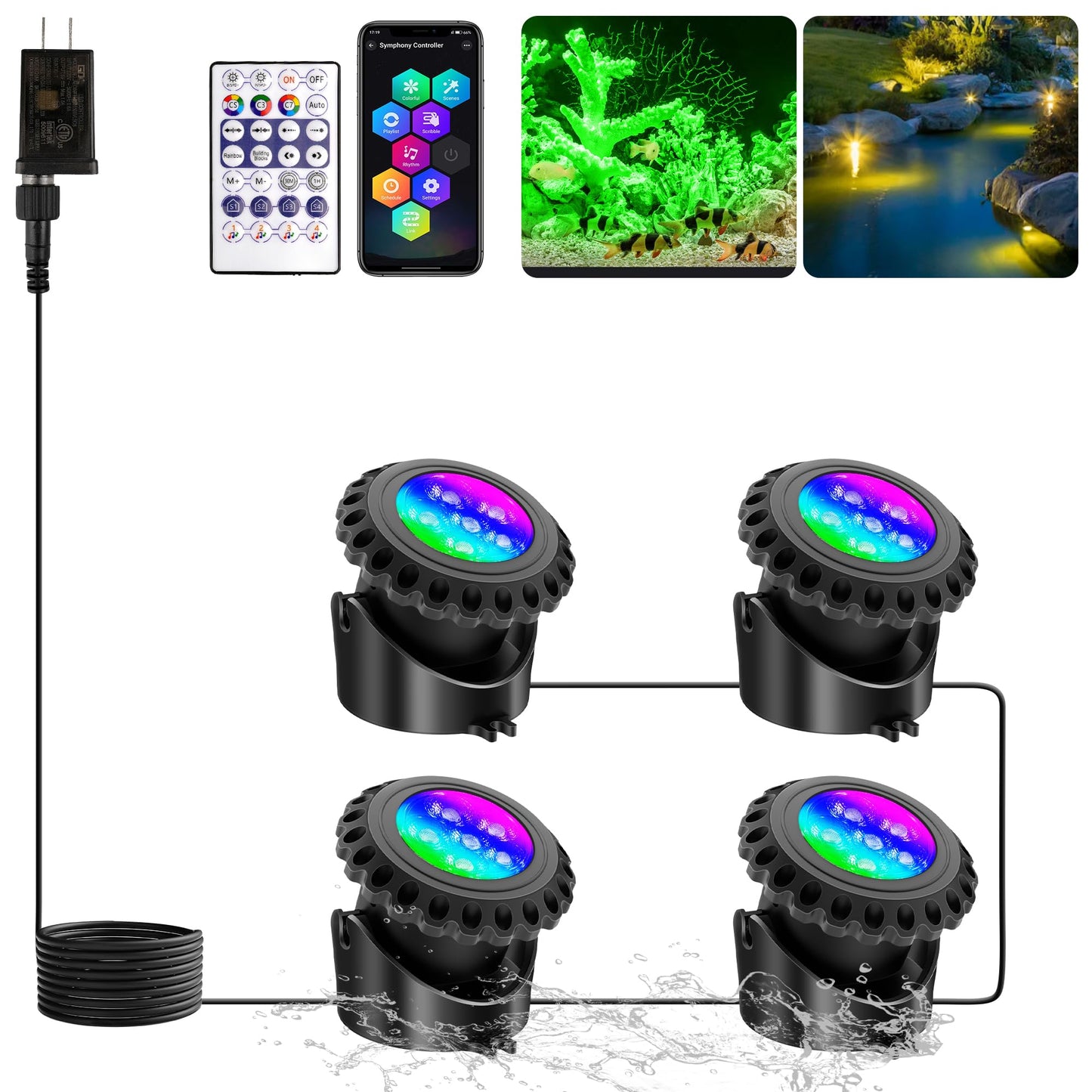 T-SUN Colored Pond Lights, Bright LED Underwater Pond Light Submersible Fountain Lights APP and Remote Control,Dimmable,Timer, IP68 Waterproof Fish Tank Light for Aquarium Fountain Garden (4-Head)