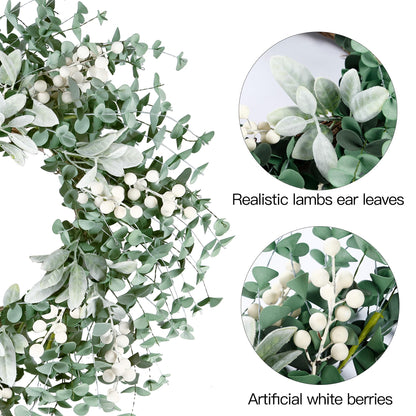 Sggvecsy Artificial Greenery Leaves Wreath for Front Door 22 Inch Greenery Boxwood Wreath with Flocked Lambs Ear White Berries for Spring Summer Farmhouse Wall Home Indoor Outdoor Decor