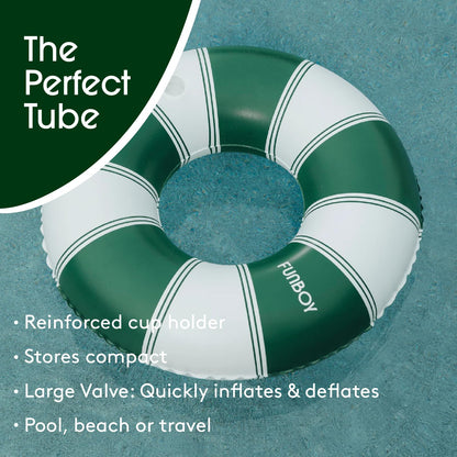 FUNBOY Giant 48” Vintage Green Stripe Inflatable Pool Float with Cup Holder - Adult Inner Tube Pool Toy for Summer, Swimming Pool Accessories & Lounger