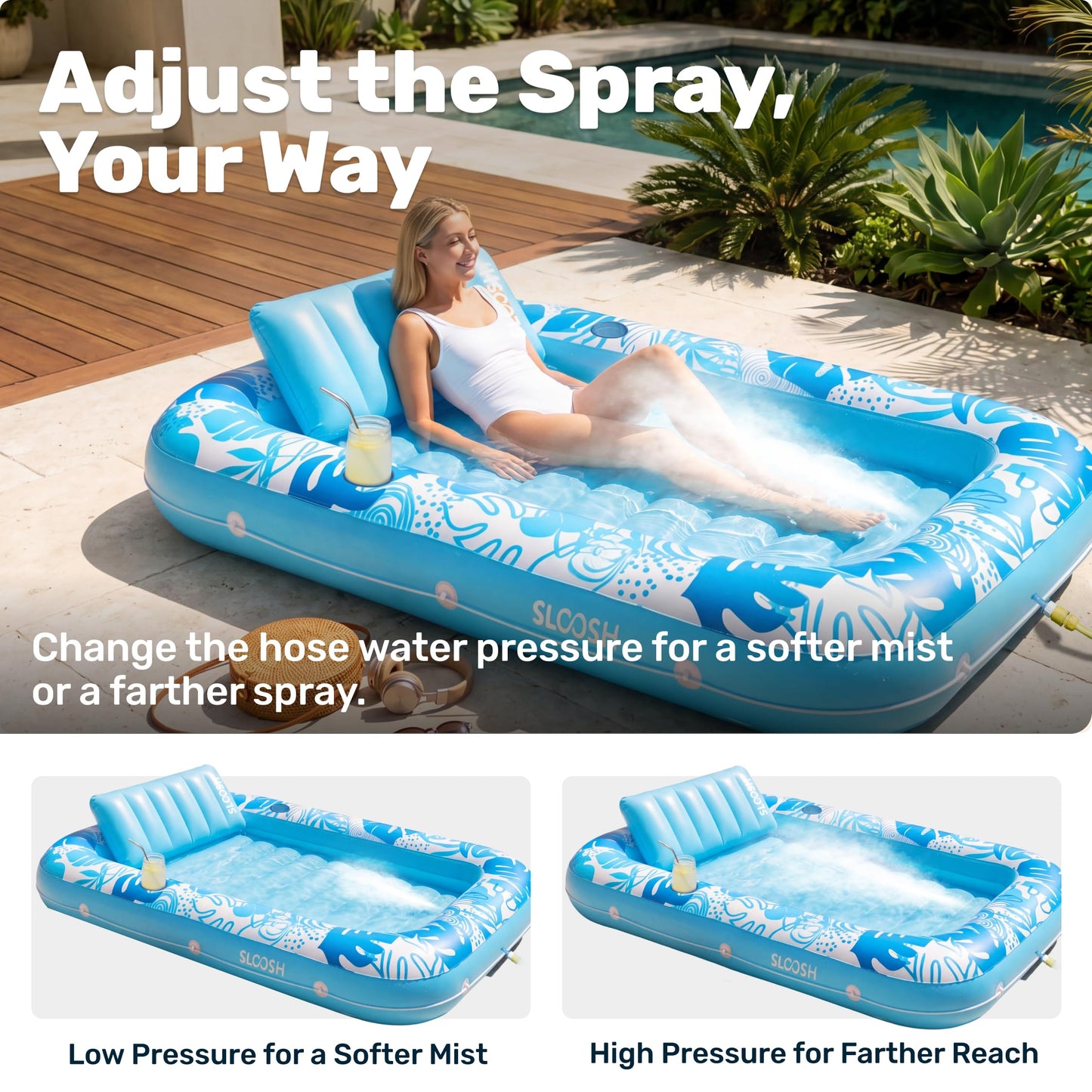 SLOOSH Misting System Inflatable Tanning Pool Lounger Float, 6 in 1 Large Mist Cooling Tanning Bed Floaties with Pillow & Cup Holders, 70" x 46" Blow Up Suntan Lounge Raft Beach Backyard Adults Gifts