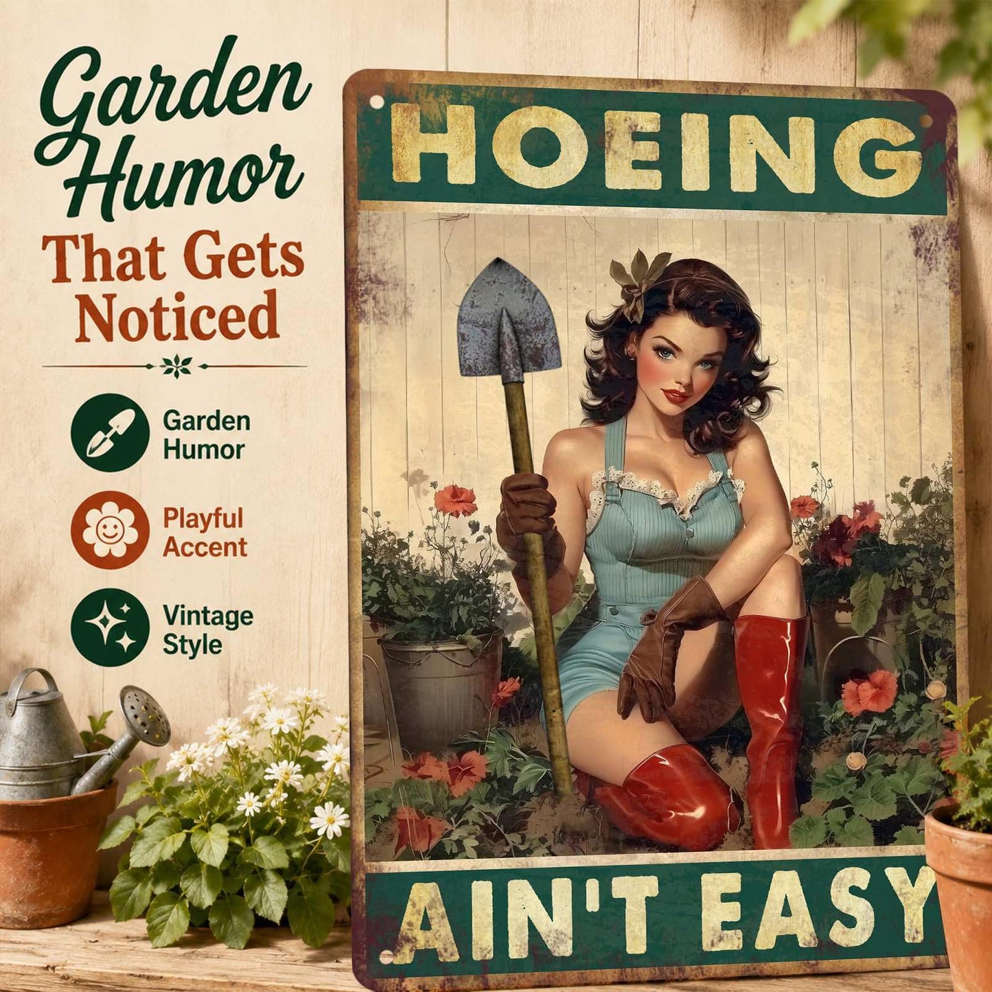 PEACHGARDEN Garden Signs Yard Art Hoeing Ain't Easy Funny Garden Aluminum Metal Sign for Outside Patio Backyard Greenhouse Decor, 8x12 Inch