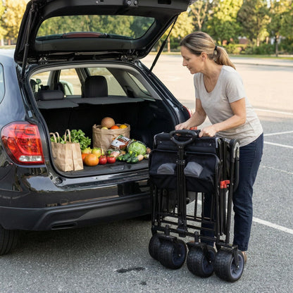 TMZ All Terrain Utility Folding Wagon, Collapsible Garden Cart, Heavy Duty Beach Wagon, for Shopping, Camping, and Outdoor Activities with Push Handle and Brake (Black/Grey)