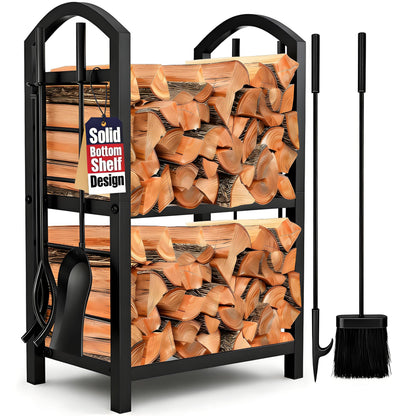 AMAGABELI GARDEN & HOME Firewood Rack Indoor with Tools 5-Piece Fireplace Tools Set Wood Holder Outdoor Wrought Iron Log Holder Firewood Storage Rack for Fireplace,Fire Pit,Wood Stove Black