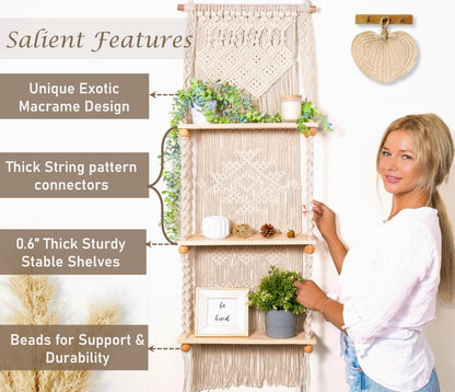 Induslyfe Macrame Wall Hanging Shelf 3 Tier Boho Wall Plant Hanger Shelves, Handmade of Woven Rope Boho Shelves Organizer for Living Room Bathroom Home Storage Floating Plant Rack Bohemian décor