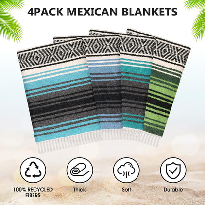 Oudain 4 Pcs Mexican Blankets Bulk Handwoven Mexican Yoga Blanket Towel Colorful Falsa Serape Woven Throw Blanket Boho Beach Blankets for Outdoor Camping Beach Picnic Travel Home (Blue Green)