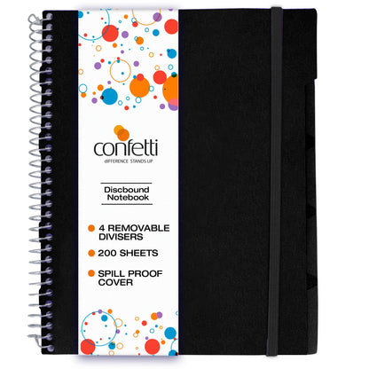 Confetti Spiral Notebook - Hole Punched - 4 Removable Dividers, Spill Proof Cover, Closing Elastic Band, Storage Pocket - Sturdy Bound Notepad, School & Office Supplies - 200 Sheets - Black