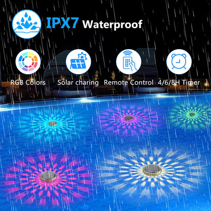 Solar Rechargeable Floating Pool Lights(2 Pack), Pool Lights That Float with Remote Control, 9 Lighting, Timing Mode, IPX7 Waterproof for Inground Pool, Bathroom, Bathtub, Pool Party