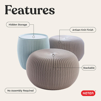 Keter Urban Knit Pouf Ottoman Set of 2 with Storage Table for Patio and Room Décor - Perfect for Balcony, Deck, and Outdoor Seating, Misty Blue & Taupe