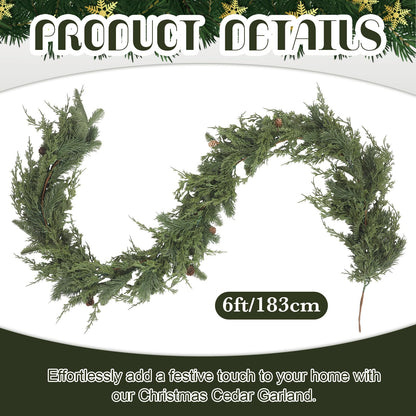 Daifunli 1 Pcs 6 ft Christmas Cedar Garland Greenery Realistic Cedar Pine Needles Garland Artificial Decoration for Table, Mantel, Wall, Home Winter Holiday Party Decor