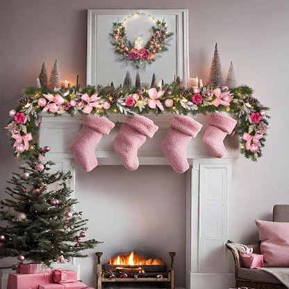 6 feet Christmas Pink Garland for Front Door with 30 LED Lights,Festive Lighted Holiday Decor,prelit Mantel Garland withTimer,Stair and Fireplace Pink Rose Decoration for Christmas and Wedding