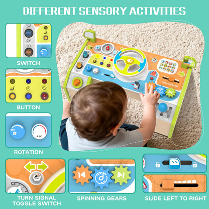 Yuyctwg Montessori Car Busy Board for Toddlers, Wooden Sensory Steering Wheel Activity Baby Toy with Lights, Buttons, Gears & Key Start, Kids Interactive Educational Toys for Boys Girls