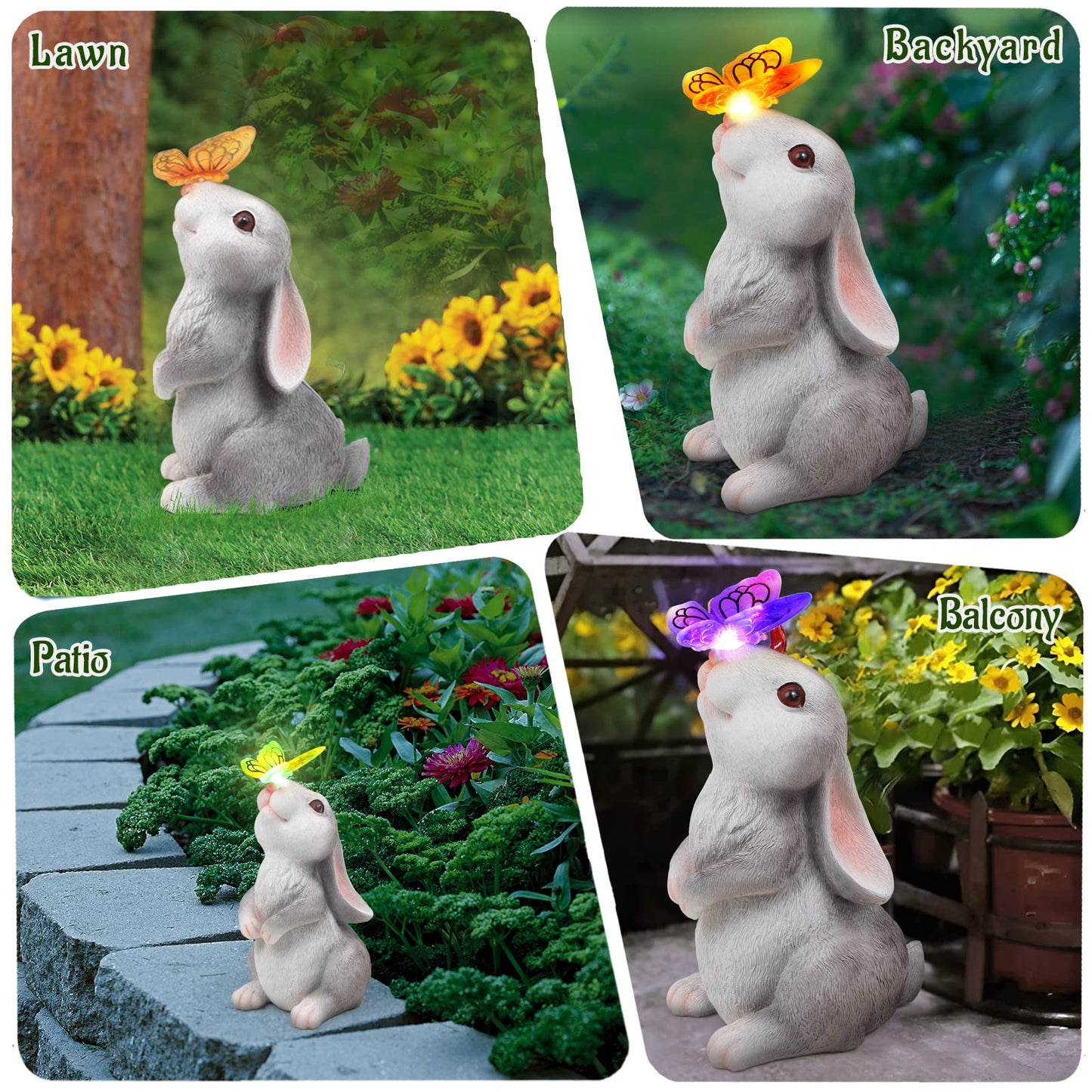 PaLuQiYa Garden Statue Outdoor Decor-Rabbit with Solar Butterfly Changing Lights Garden Statues,Bunny Statue for Patio,Balcony,Yard,Lawn Ornament,Gardening Gifts for Mom Grandma