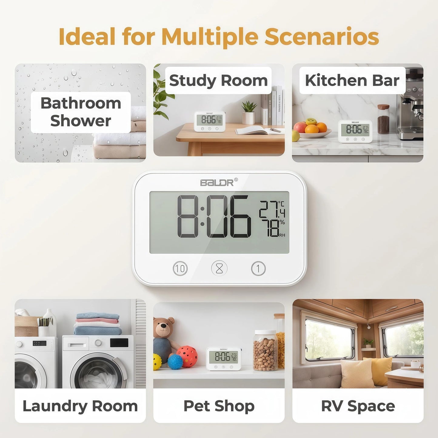 LXSZRPH Digital LCD Waterproof Timer Shower Clock, Waterproof for Water Spray, Bathroom Clock Wall Mount, Two Suction Cup, Displays Time, Temperature, and Indoor Relative Humidity (1, White)