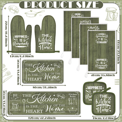Fourluoo 10 Pcs Farmhouse Kitchen Decor and Accessories Set 4 Kitchen Towels 2 Pot Holders 2 Oven Mitts 2 Rugs for Cooking Baking Mom Housewarming Gifts(Sage Green,Classic Style)