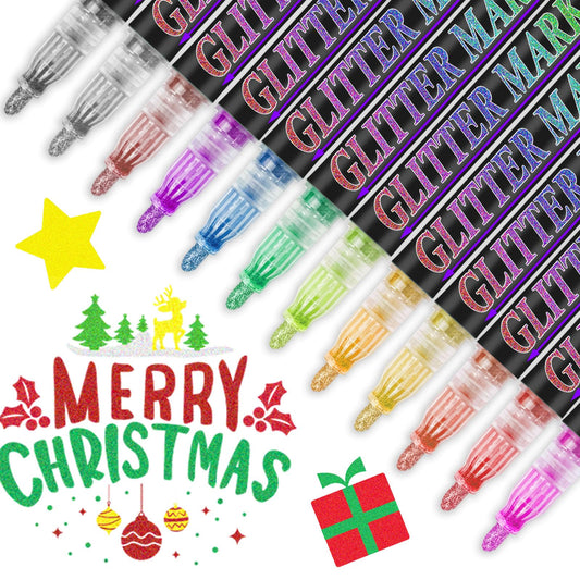 Celepen Glitter Marker Pens, 12 Colors Metallic Shimmer Glitter Markers Paint Pens, Glitter Art Marker for Adults DIY Crafts Greeting Birthday Cards Making Poster Album Scrapbooking Wood
