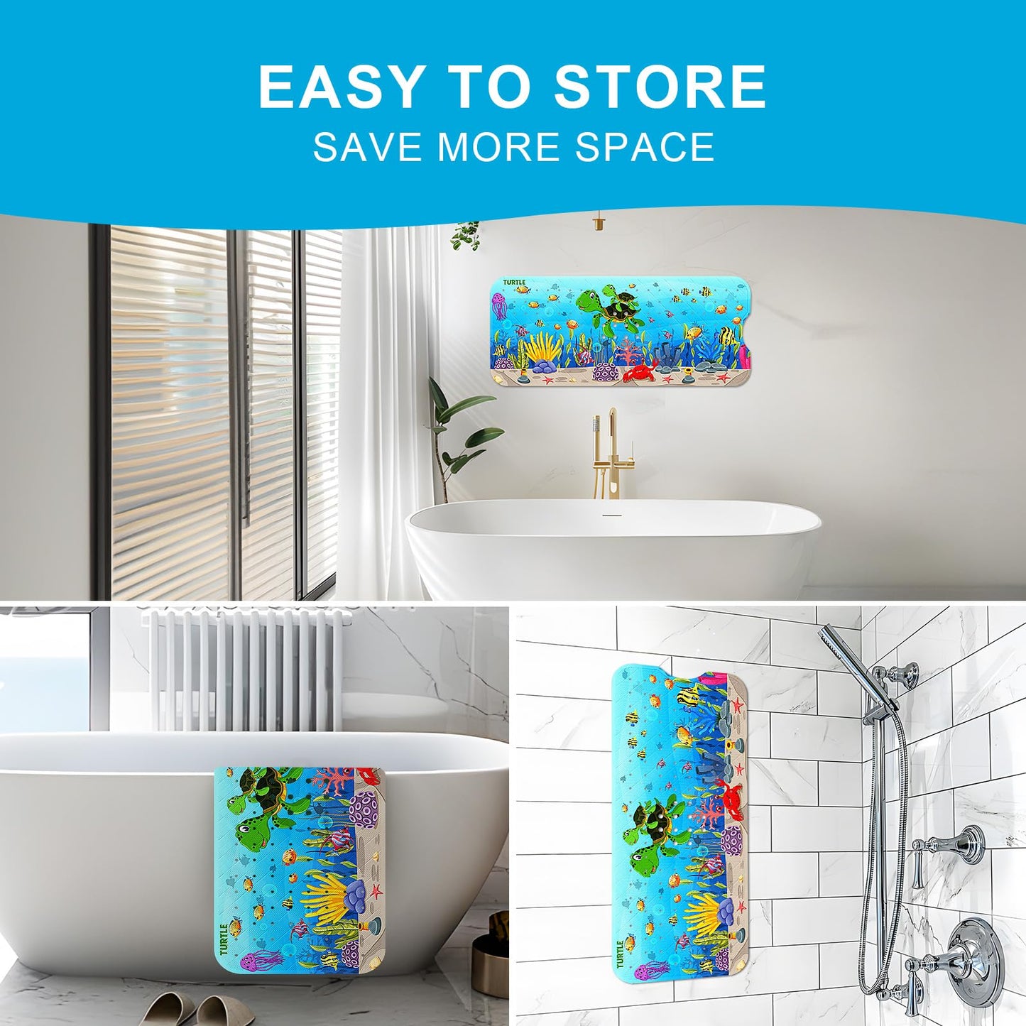 XIYUNTE Baby Bath Mat for Tub Non Slip Kids Bath Mat - 40''x16'' Extra Long Cartoon Bathtub Mat Non Slip Kids Shower Mat Eco-Friendly Toddler Bath Mats with Suction Cups, Machine Washable, Sea Turtle