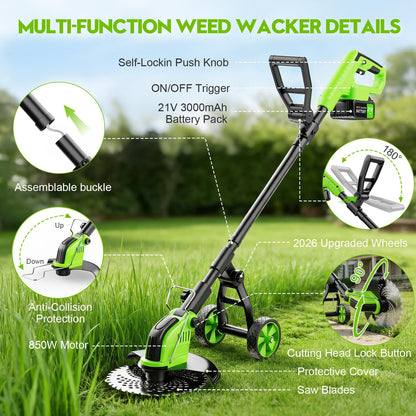 20000 RPM Electric Weed Wacker Cordless, 12″ Brushless Weed Eater Battery Powered with Wheel, 4-in-1 Grass Trimmer/Brush Cutter/String Trimmer, Lawn Mower Edger Stringless Weed Trimmer, 2 Battery Tool
