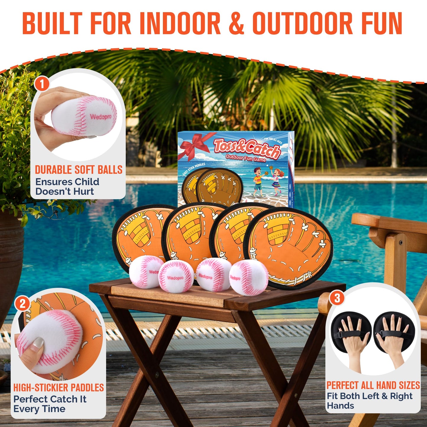 Wedopro Toss and Catch Ball Game, Kids Toddler Baseball Glove & Catch Ball Toys, Kids Outdoor Games for Family, Toys for Beach Pool Yard Outside, Birthday Gift for Ages 3 4 5 6 7 8-12 (Brown 4 Pcak)