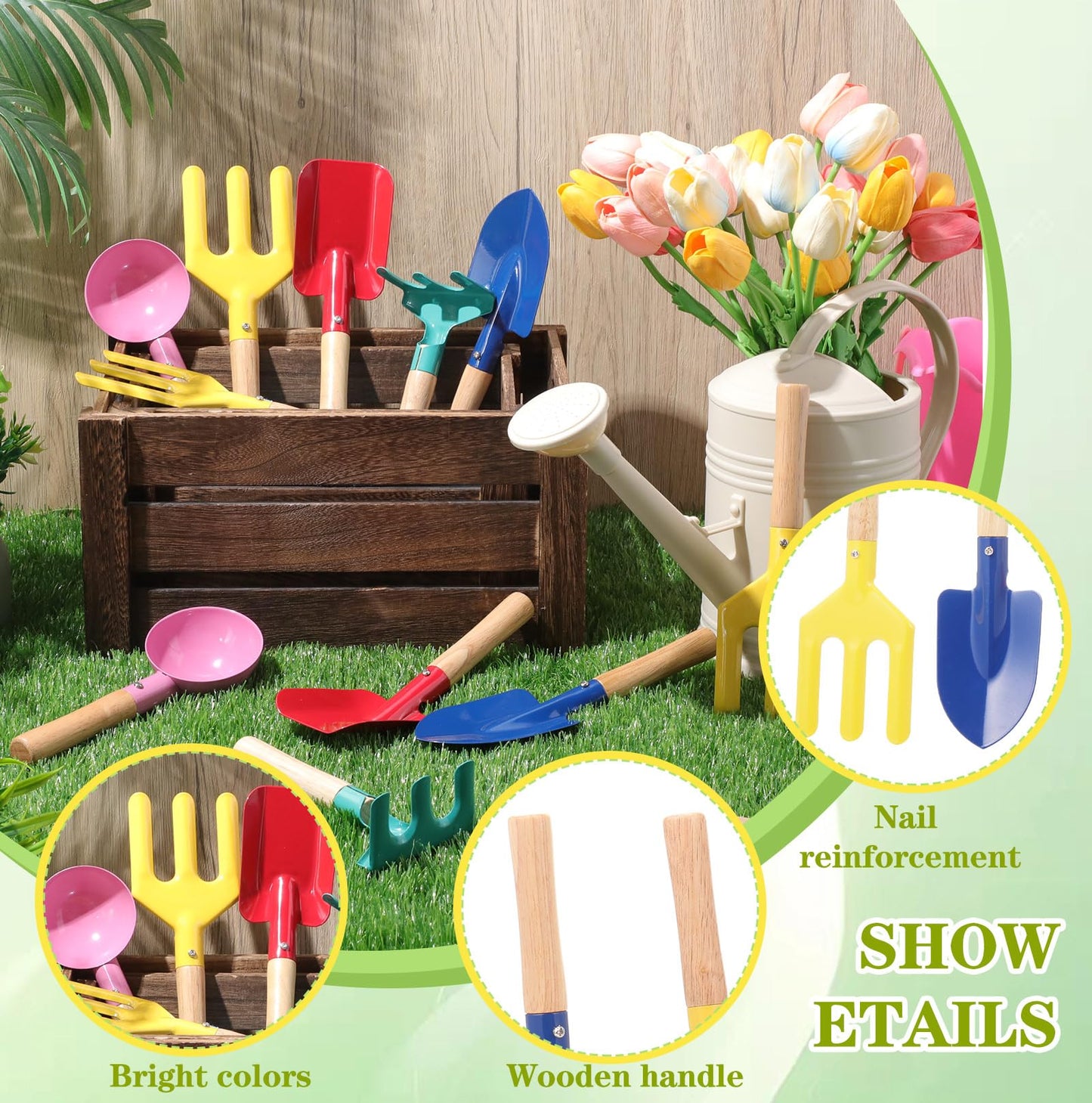 Motionchic 30 Pcs Children Beach Sand Toys Kids Gardening Tools Set Metal Including Shovel, Rake, Fork and Trowel, Summer Beach Sandbox Digging Toys for Kid with Wooden Handle Hoe Outdoor Gift