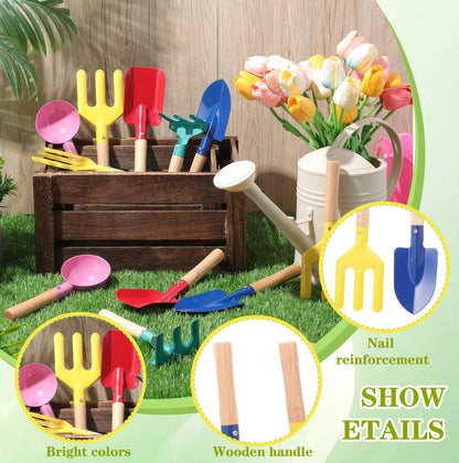 Motionchic 15 Pcs Children Beach Sand Toys Kids Gardening Tools Set Metal Including Shovel, Rake, Fork and Trowel, Summer Beach Sandbox Digging Toys with Wooden Handle Hoe for Kid Outdoor Gift