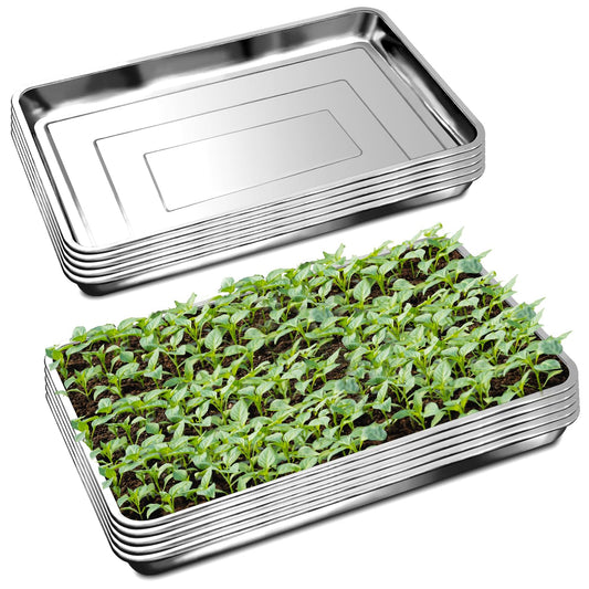 RooTrimmer 10 Pack Large Stainless Steel Seedling Trays, Heavy Duty Metal Water Catch Trays for Nursery Pots Transplant, Seed Germination & Propagation Flats (17.5 inch×13.56 inch, 1.18" Height)