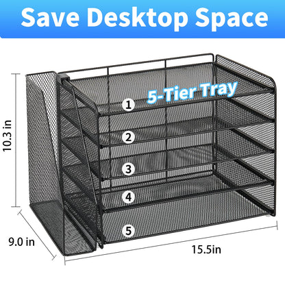 OPNICE Desk Organizer, 5-Tier Paper Organizer Letter Tray with Magazine Holder, Office Desk Accessories & Workspace Organizers, Desktop File Organizer for Office Supplies Storage, Black