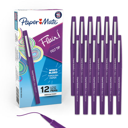 Paper Mate Flair Felt Tip Pens, Medium Point (0.7mm), Vivid Purple, 12 Count - For Teachers, Students, Classroom Use, Note-Taking, Arts & Crafts