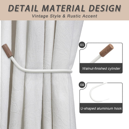 Curtain Tiebacks Rustic Holdbacks for Drapes, Farmhouse Tie Backs for Curtains, Metal Iron Holder, Natural Boho Decor Drapery Holder for Black/Sheer Drapery, Pack-2, White